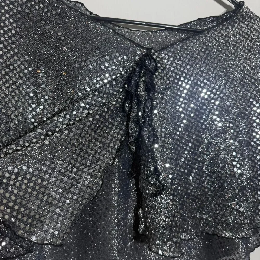 Y2K Black Silver Sequin Cape with tie detail Versatile Party Festival Accessory - Picture 6 of 8